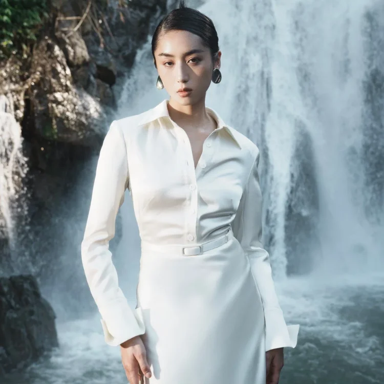 In Stock Long Dresses Women Elegant AUDREY DAY DRESS Long Sleeve 89% Triacetate - 11% Polyester Women's Fashion Clothing