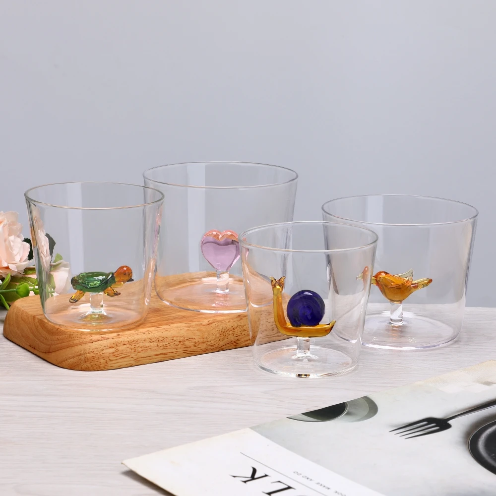 OEM 300ml 500ml Custom Christmas Gift Hand Blown Borosilicate 3D Drinking Glass Cup with Turtle Cute Animal Figurine Inside