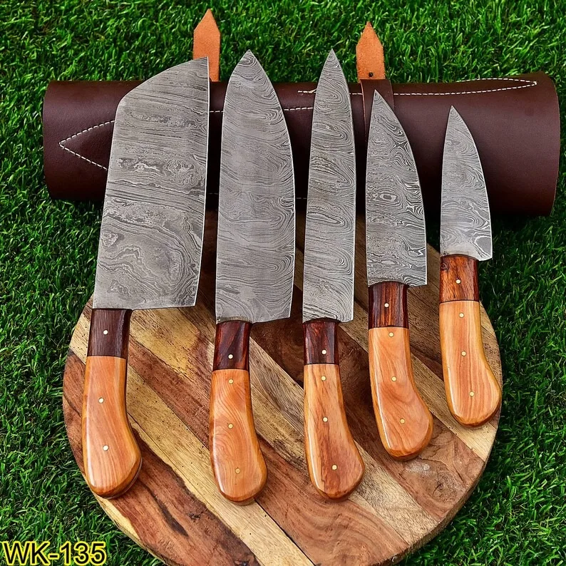Handmade Damascus Kitchen Chef Knives Set 5pcs Set Japanese Kitchen Chef Knives Set With Leather