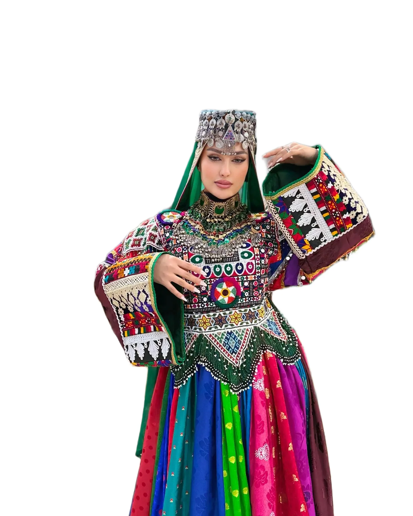 Afghani Womens Elegant Bohemian Traditional Chiffon Dress Delicate Floral Embroidery Full Sleeve Button Eco-Friendly Breathable