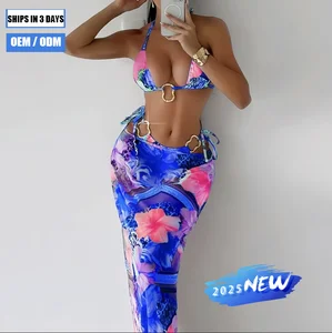 New Bandeau Brazilian Bikini Leopard Flower Print Lace-Up Beach and Skirt Women's 3-Piece Swimsuit Long Tulle Coverup