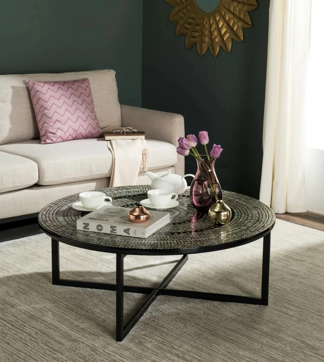 Fancy New Arrival Capiz Shell Coffee Tables  Living Room Furniture Mother of Pearl Inlaid Top and Metal Stand Tables