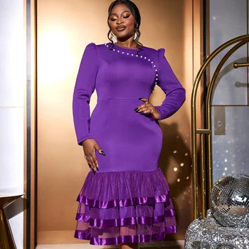 AM040712 Elegant Long Sleeve Round Collar Asymmetric Beading Mesh Mermaid Evening Dress