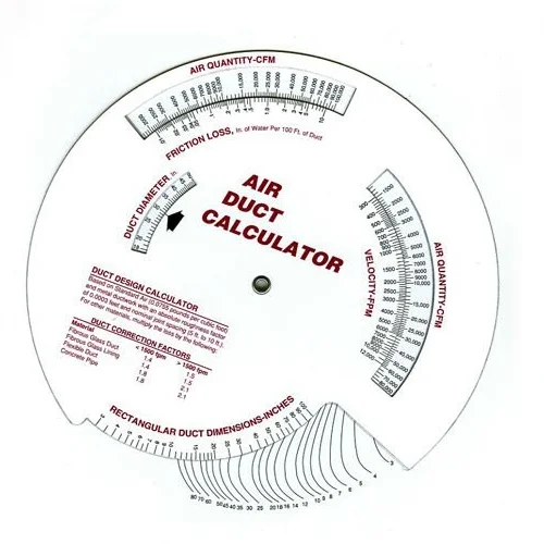 Air Duct Calculator Slide Rule Style Friction Velocity Round Duct Size Surface Area Used by Trainers Educators Technicians
