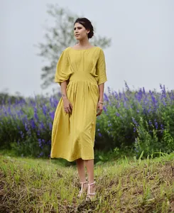 Pleated Linen Dress for Women Plus Size Clothing 3/4 SleeveTunics Casual Shirt Dress Tunics Loose  Midi Available Big Size