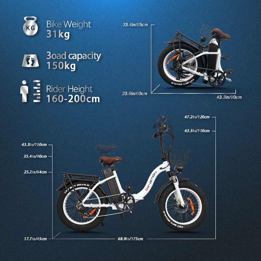DrVetion CT20 Electric Fat Bike 48V 750W up to 45km/h 250W Rear Hub Motor Aluminum Frame 60km Range