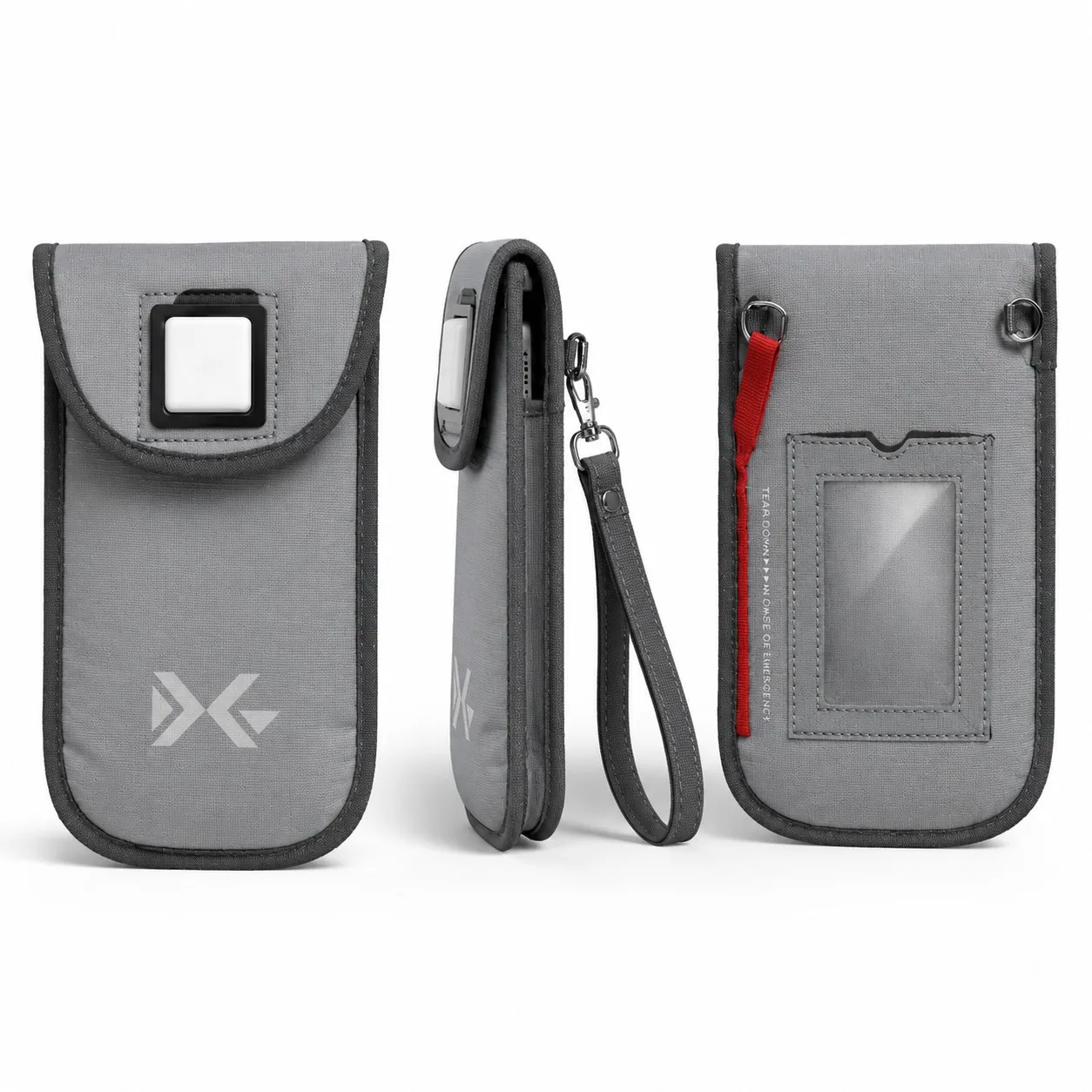 Dn'G N1 magnetic phone pouch front, side and back views
