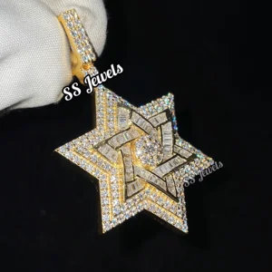 Unisex Custom Shield David Pendant VVS Lab Grown Diamond Star Necklace 925 Sterling Silver Brilliant Cut Rhodium Plated Trendy