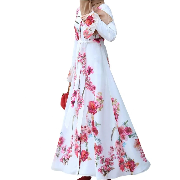 White Suit Red Flower Printed Best Selling Abaya Dress Dubai Designs Islamic Ethnic Clothing Private  Label Abaya for Muslims