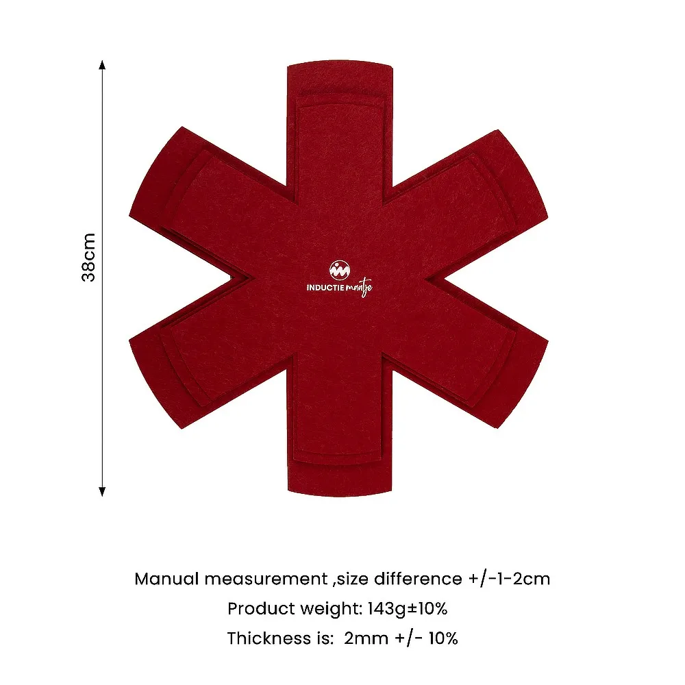 Size graphic of a six-lobed felt pan protector showing 38 cm overall, manual measurement plus or minus 1 to 2 cm, 143 g weight and 2 mm thickness