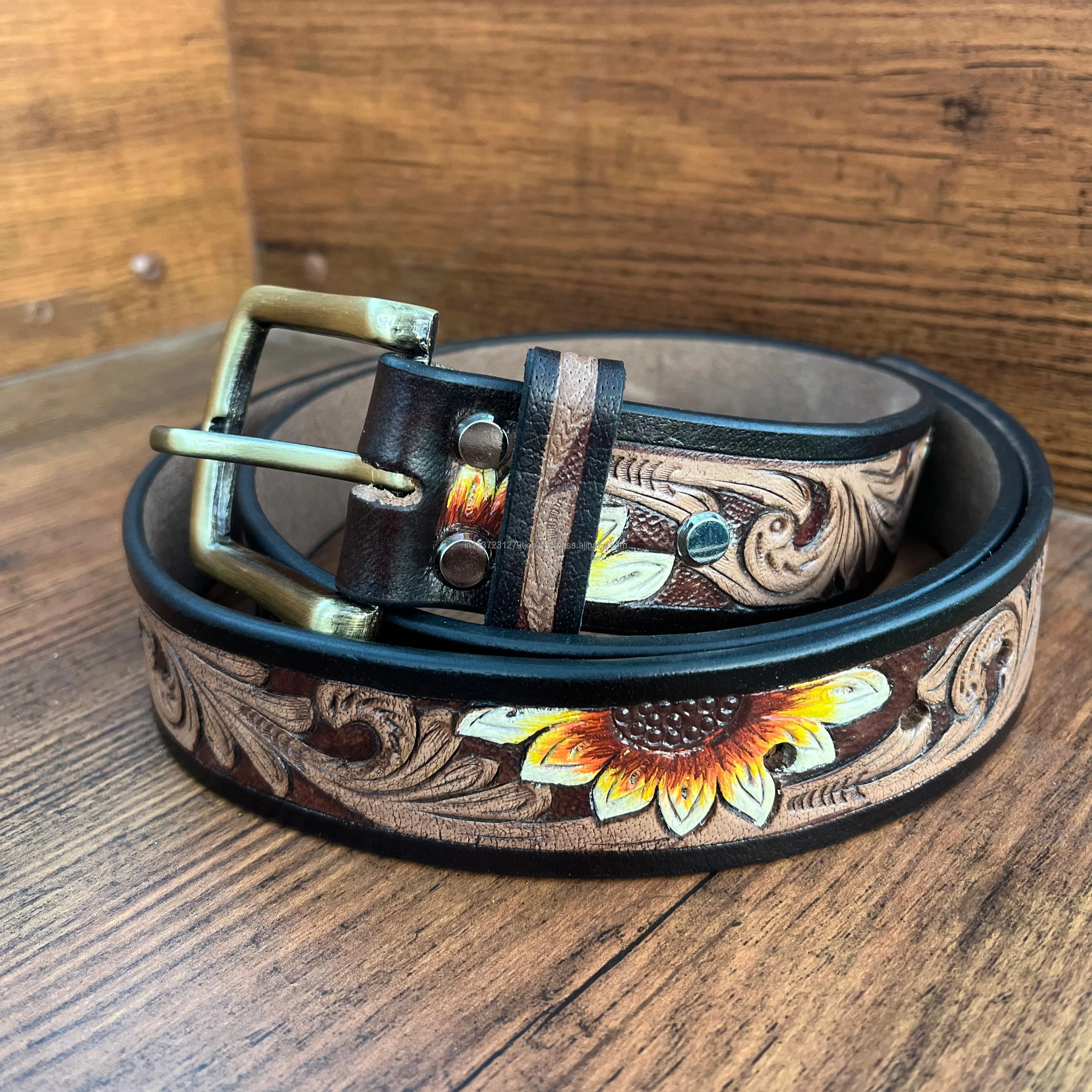 New Arrival Genuine Leather Western Hand Tooled and Hand Painted Floral Belts Real Handmade Tooled Leather Unisex Waist Belts