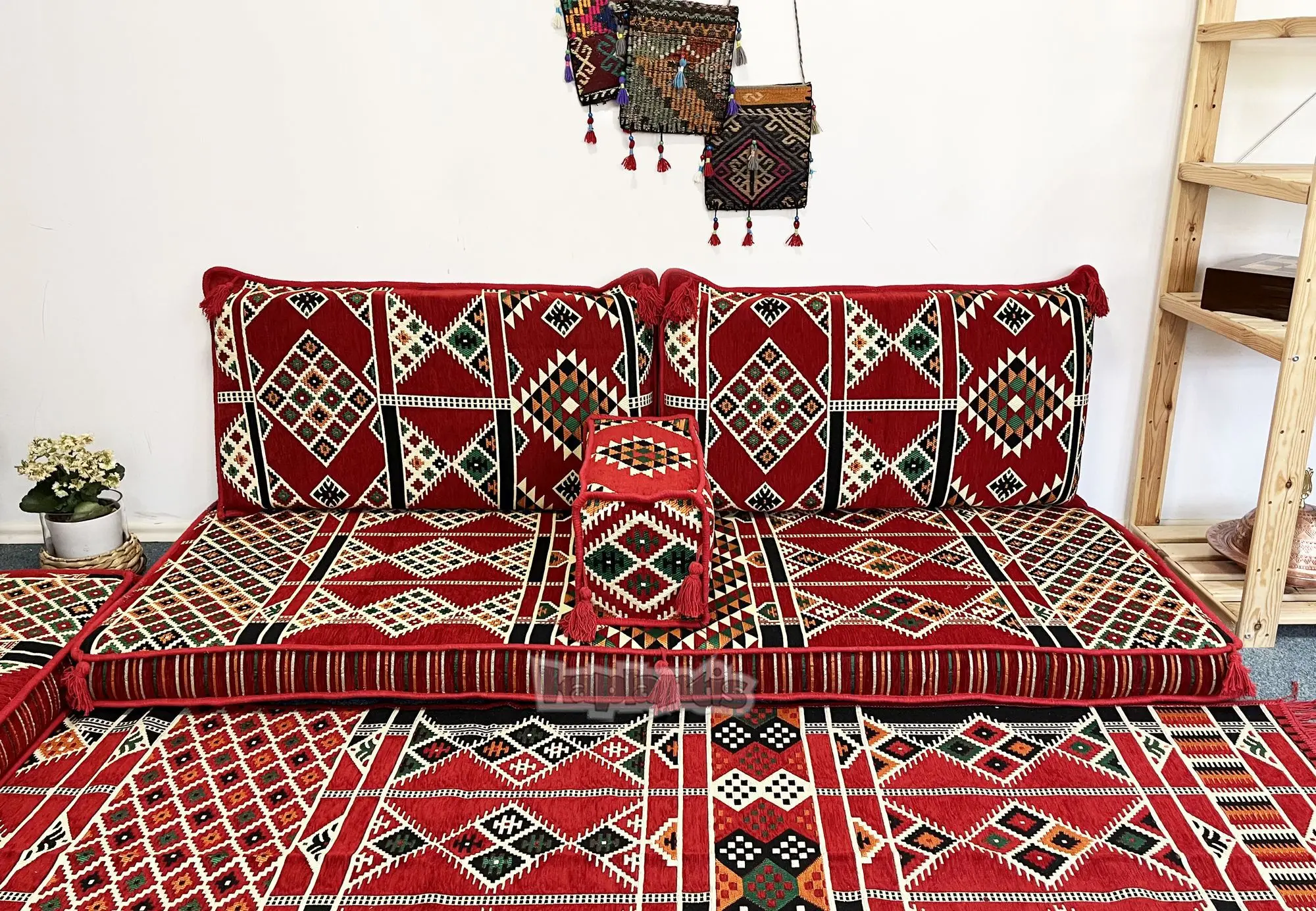 Elegant Arabic Floor Seating Nomad Rug Set - Red Oriental Cushion Cover ...