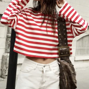 Classic Red White Stripes Women's Full-Length Fit Crop Top Oversized Embroidered Pullover Sweatshirt for Autumn Winter ODM