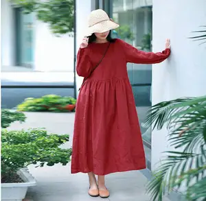 Women's Linen Woven Tunic Dress Long Sleeves Custom Midi Dress Summer Regular Fit High Quality Big Sizes Natural Waistline