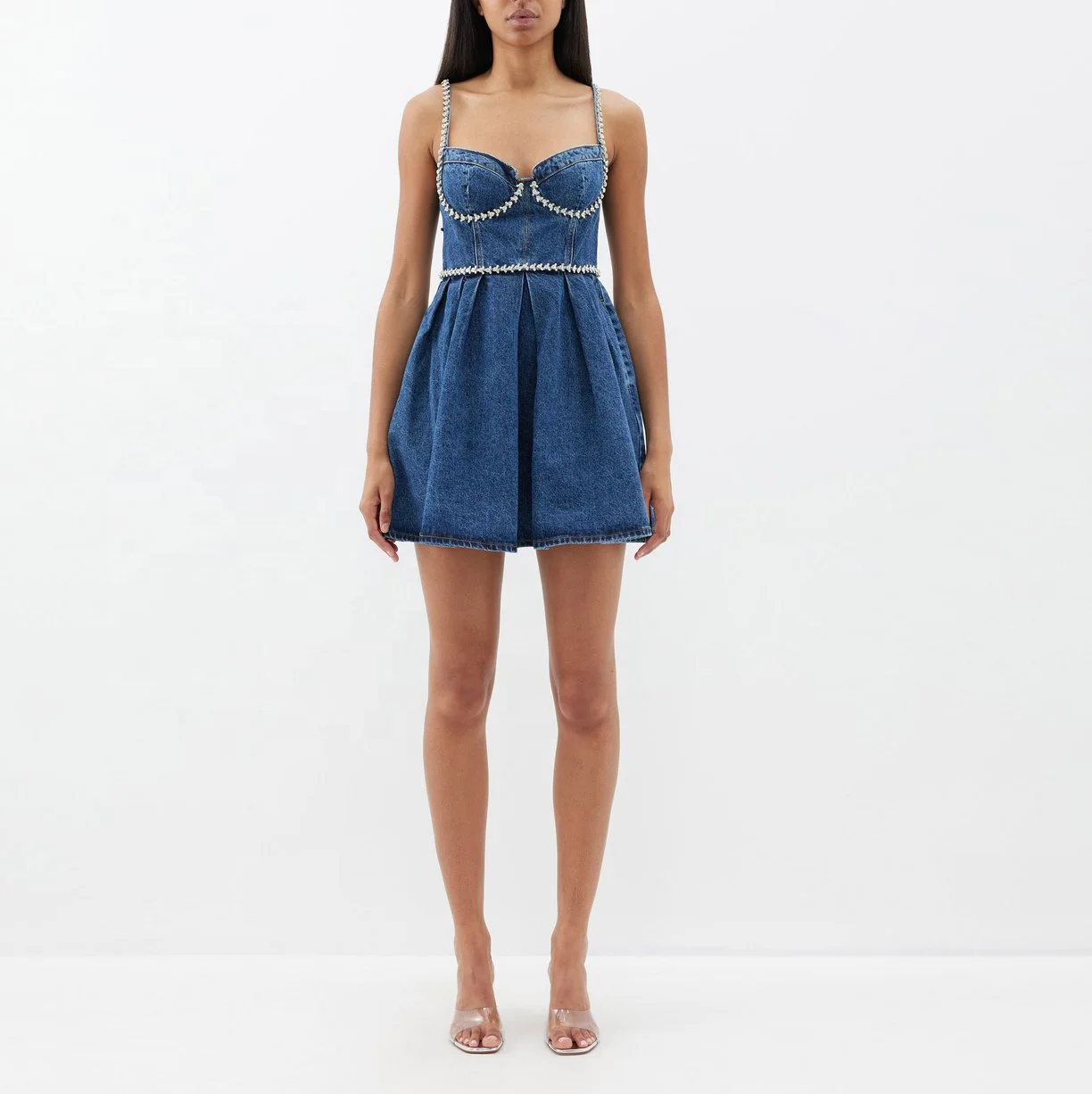 Chambray Beaded Young Women Lady Sexy Cowboy Slender Straps Flared Skirt Fitted Bustier Embellished Western Mini Dress Chambray Beaded Young Women Lady Sexy Cowboy Slender Straps Flared Skirt Fitted Bustier Embellished Western Mini Dress
