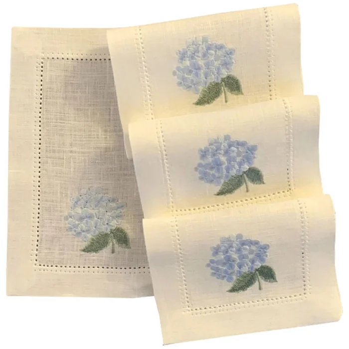 Custom Embroidered Luxury Blue Hydrangea Cocktail Napkin Hemstitch High Quality Ivory Linen