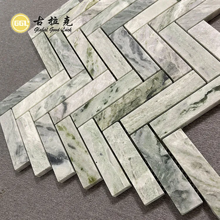 Interior Wall Tile Herringbone Design Green Marble Mosaic Tile for Interior Room factory