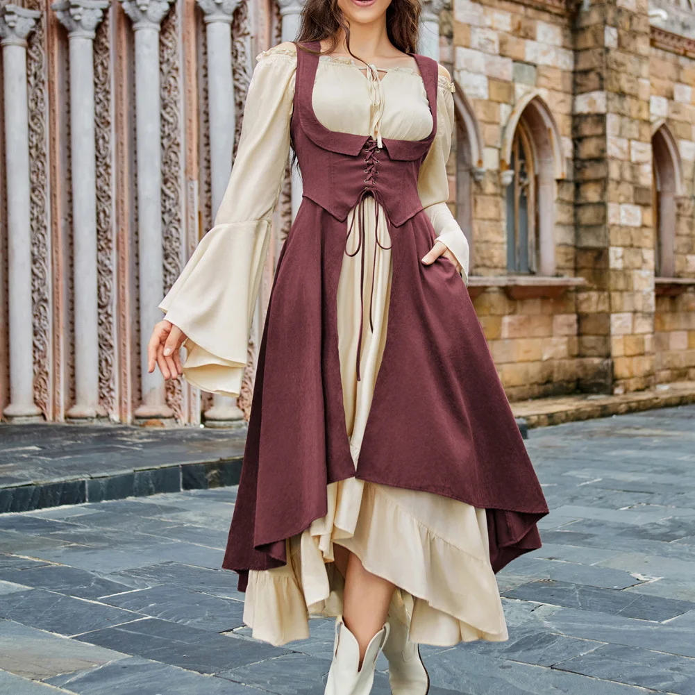 cute medieval dresses Handmade Medieval Cotton Gown: Wine & Off-white Laced Cosplay Dress