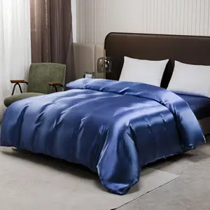 Luxury Quality Custom Satin Duvet Cover Set Soft Silky Double Zipper Closure Plain Solid Blue Queen King Size 200TC All-Season