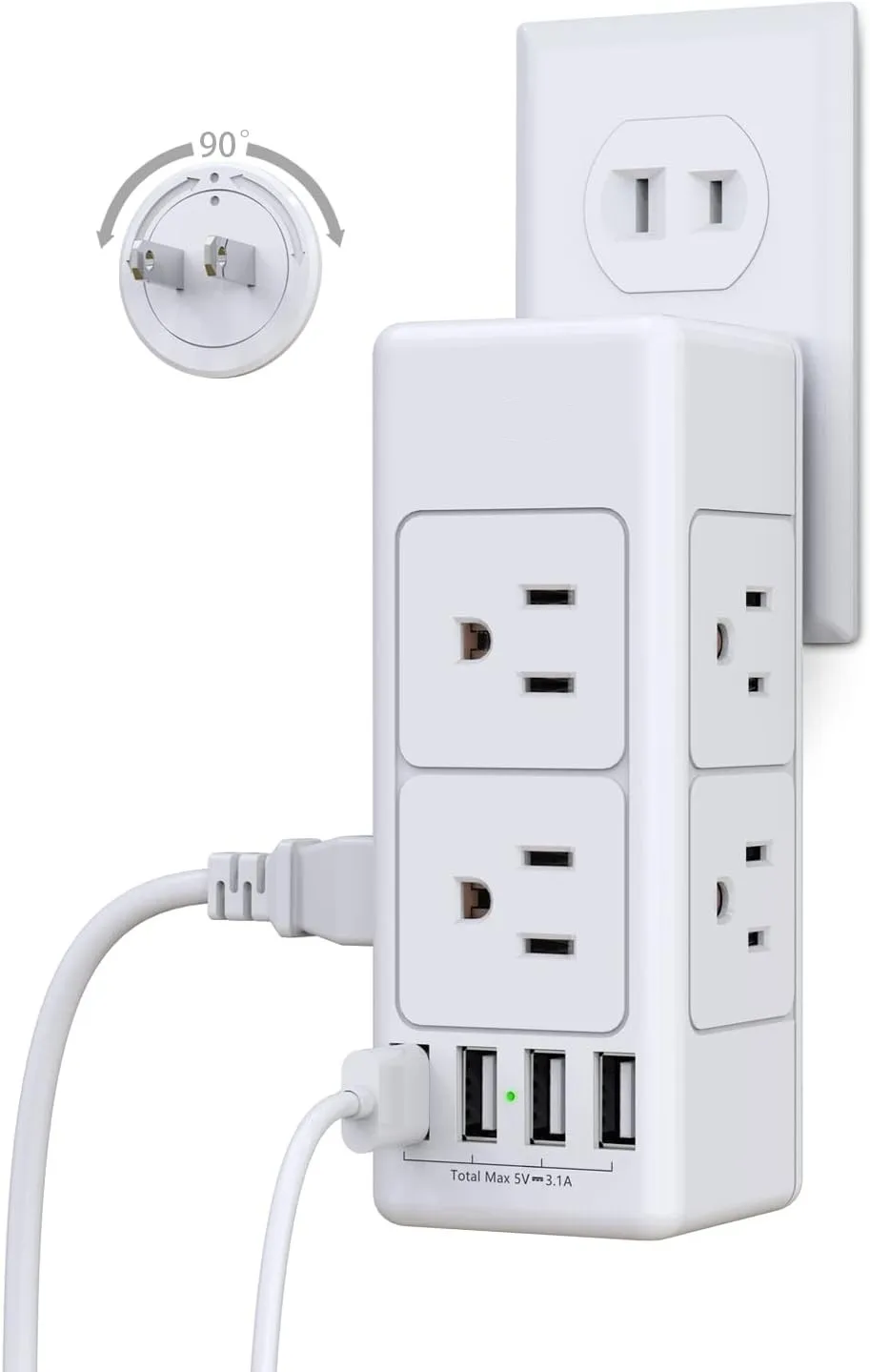 Outlet Extender with Rotating and Multi Plug with 6 AC 3 USB Ports (1 USB C), 3-Sided Power Strip with Wall Adapter Charger for