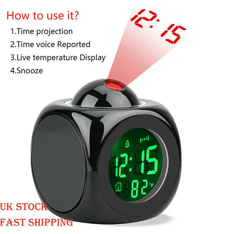 Talking Time Temperature Voice Projection Alarm Clock With Snooze Hour Report LCD Screen Display