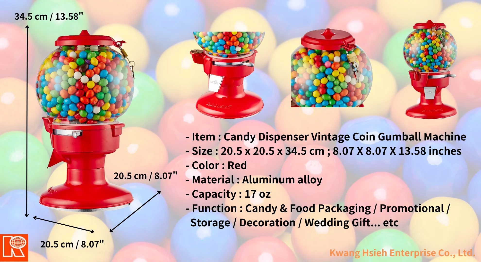 광 쉐 Candy Bin 디스펜서 빈티지 동전 풍선 기계 - 레드, 34.5cm