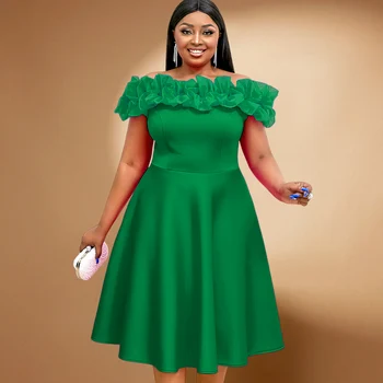 Green Christmas Mesh Ruffle Off Shoulder a Line Prom Dress Plus Size