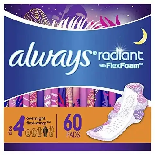 Always Radiant Feminine Pads For Women,Size 4,60 Count,Overnight