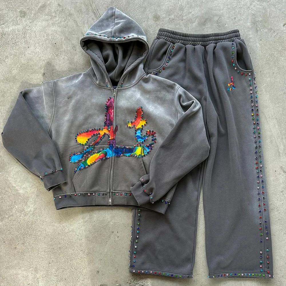 Custom Vintage 100% Cotton French Terry Unisex Tracksuit Acid Wash Heavyweight Breathable Quick Dry Hoodie Gemstone Rhinestone