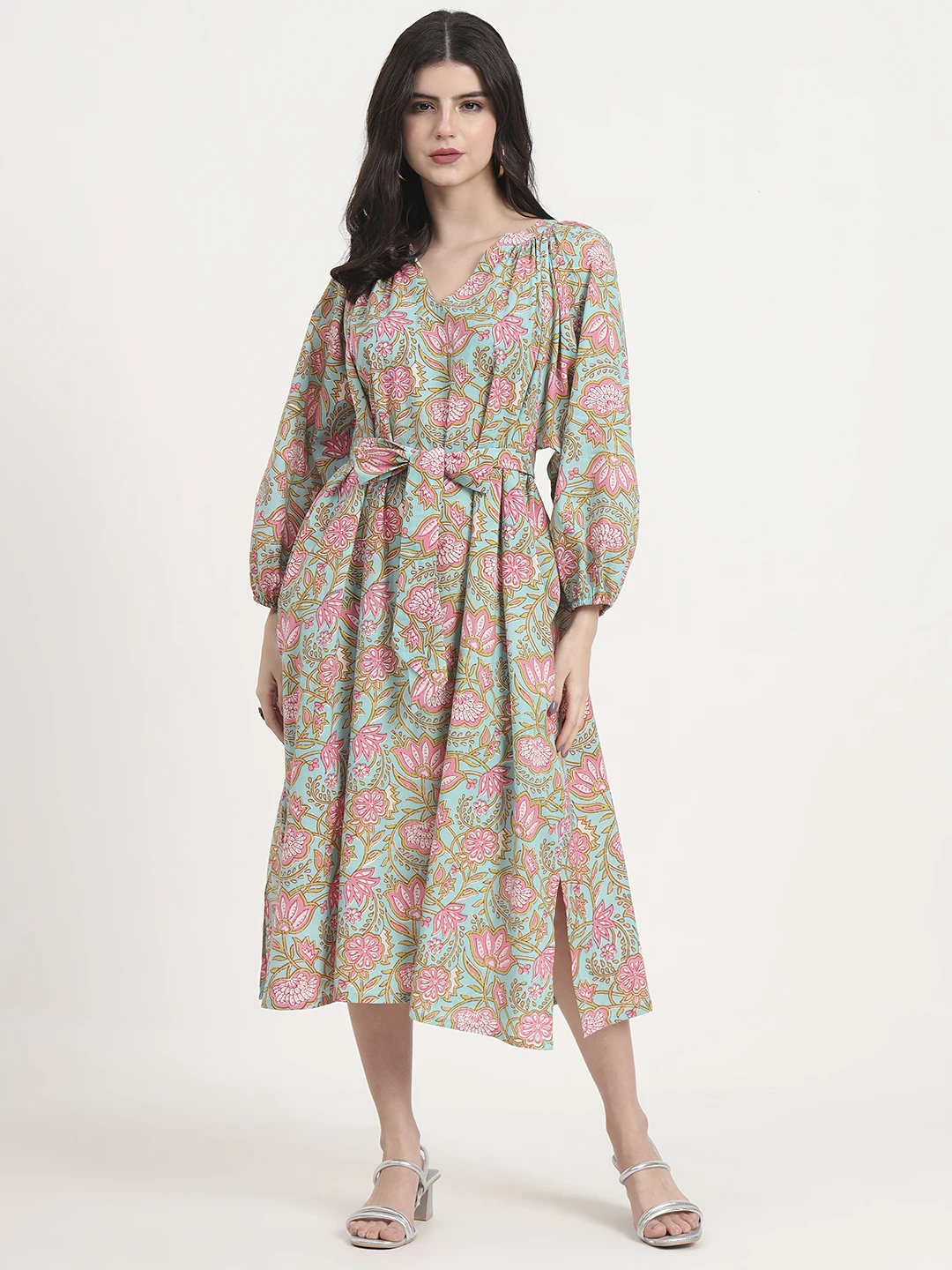 Mint Green Pink Floral Print Midi Dress V-Neck Long Sleeves Belted Dropped  Waist Ball Gown Silhouette Casual Style for Summer| Alibaba.com