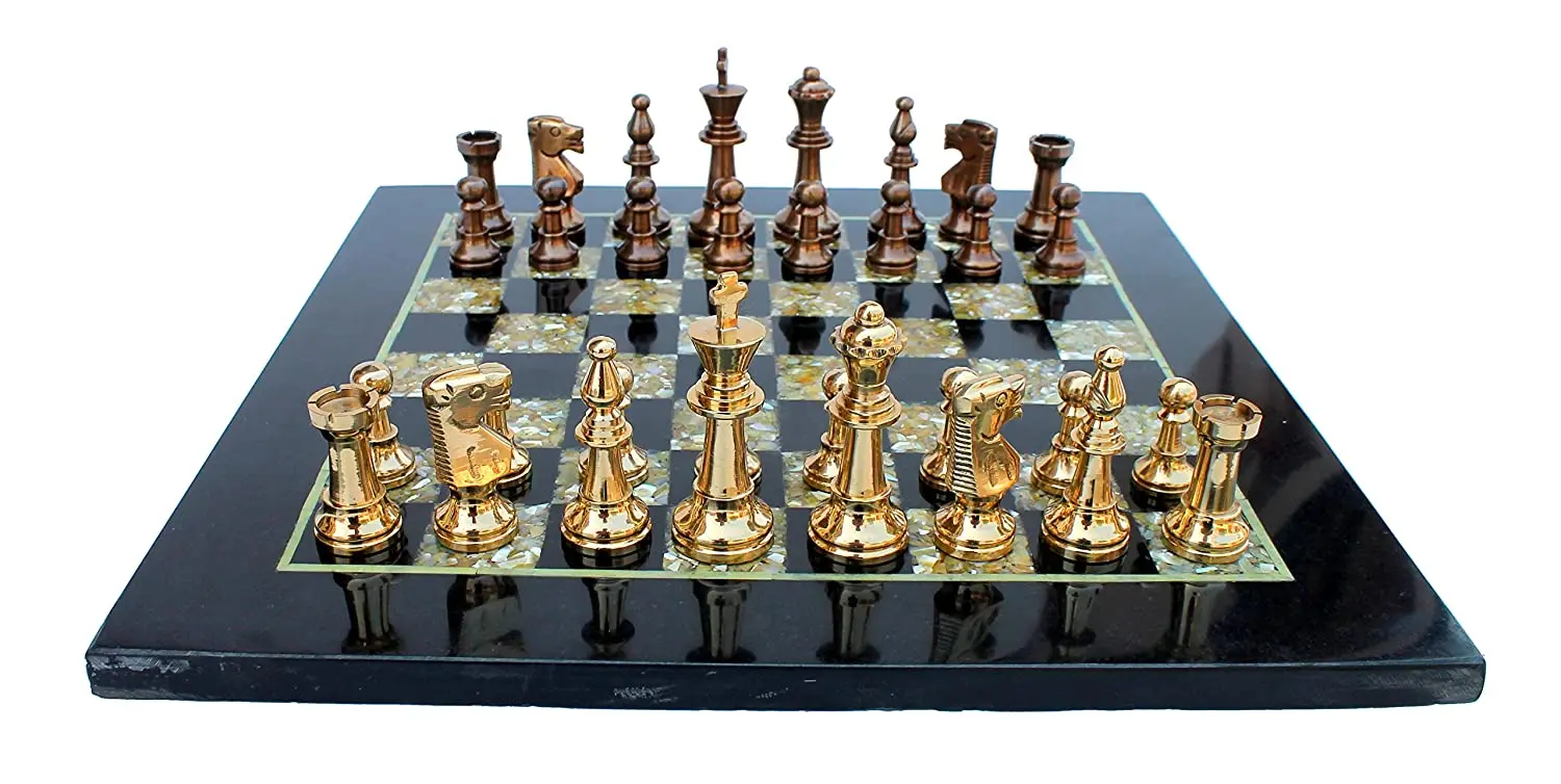 Chess Game Board Set - Made With Black Marble, & Brass Pieces (15" X 15")