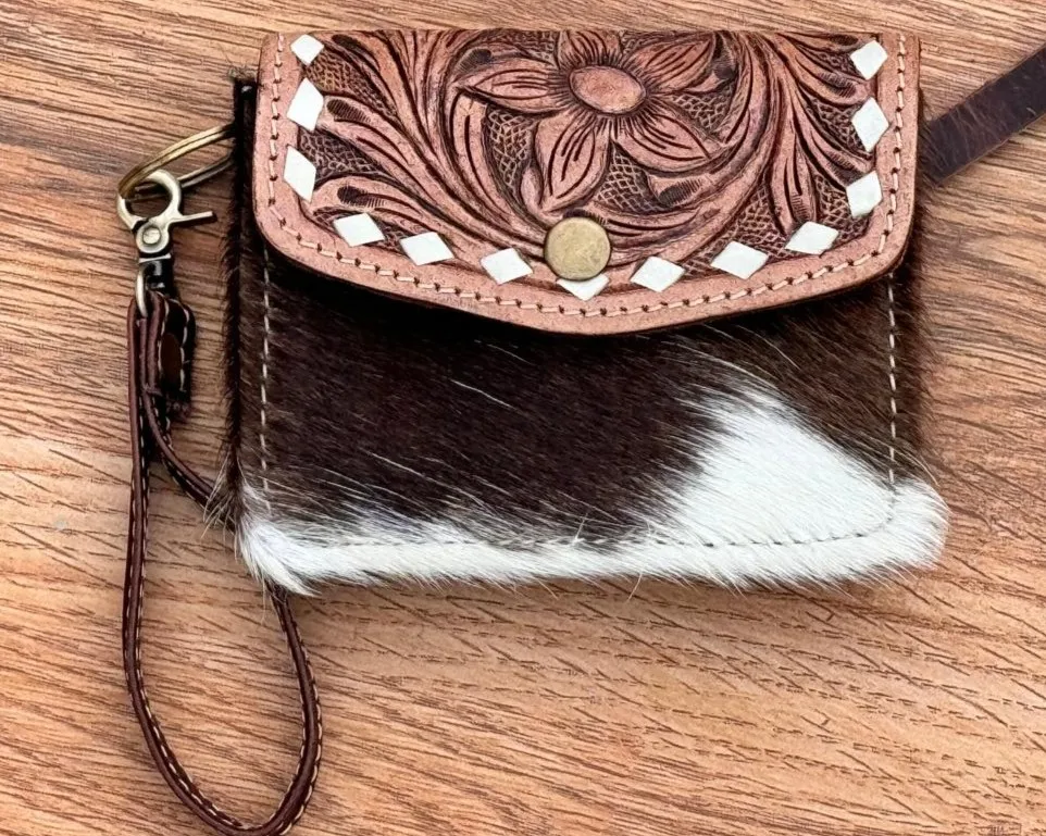 Premium Quality Hand Tooled Leather Small Wristlet Coin Purse Western Hair on Cowhide Leather Multi Uses Mini Wallet for Women's