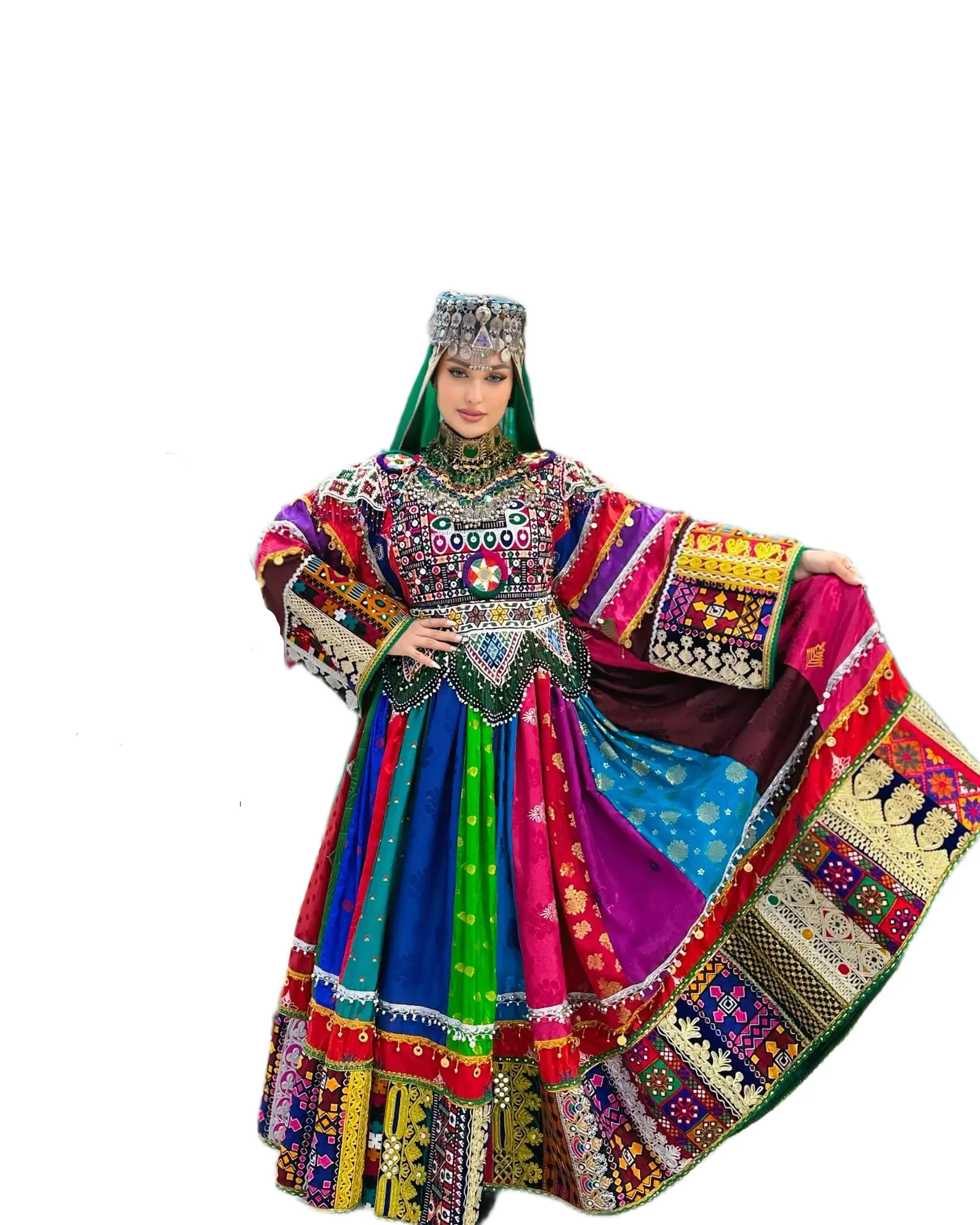 Afghani Womens Elegant Bohemian Traditional Chiffon Dress Delicate Floral Embroidery Full Sleeve Button Eco-Friendly Breathable