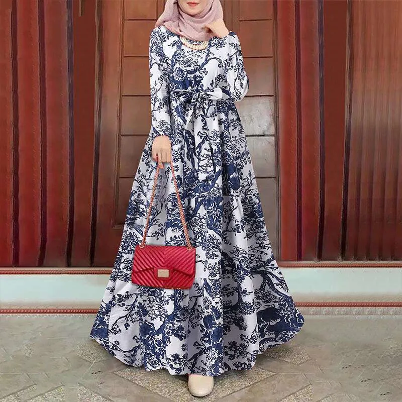 Vintage Printed Muslim Dress 2022 Women Autumn Islamic Clothing Casual ...