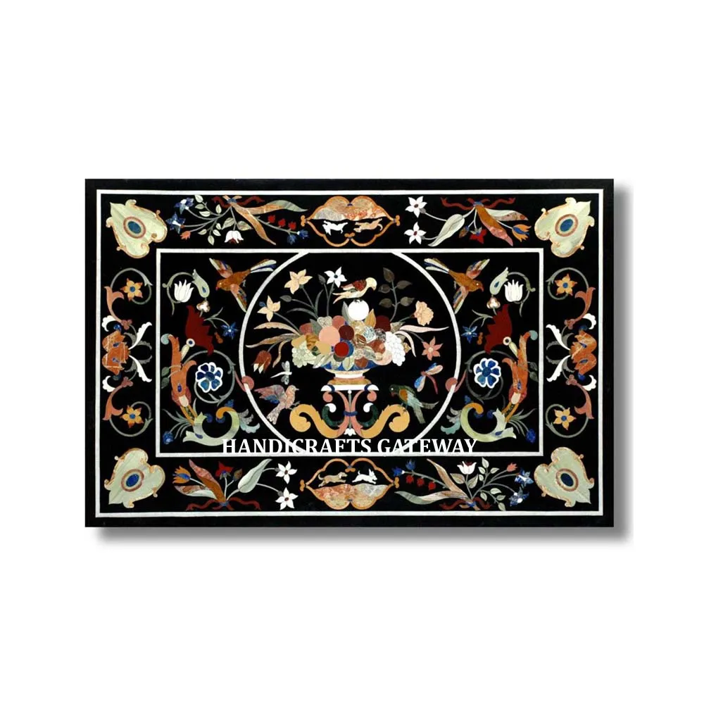 Marble Inlay Rectangular Table Top Rectangle Shape White Marble Black Inlay Floral Work Coffee And Dining ...