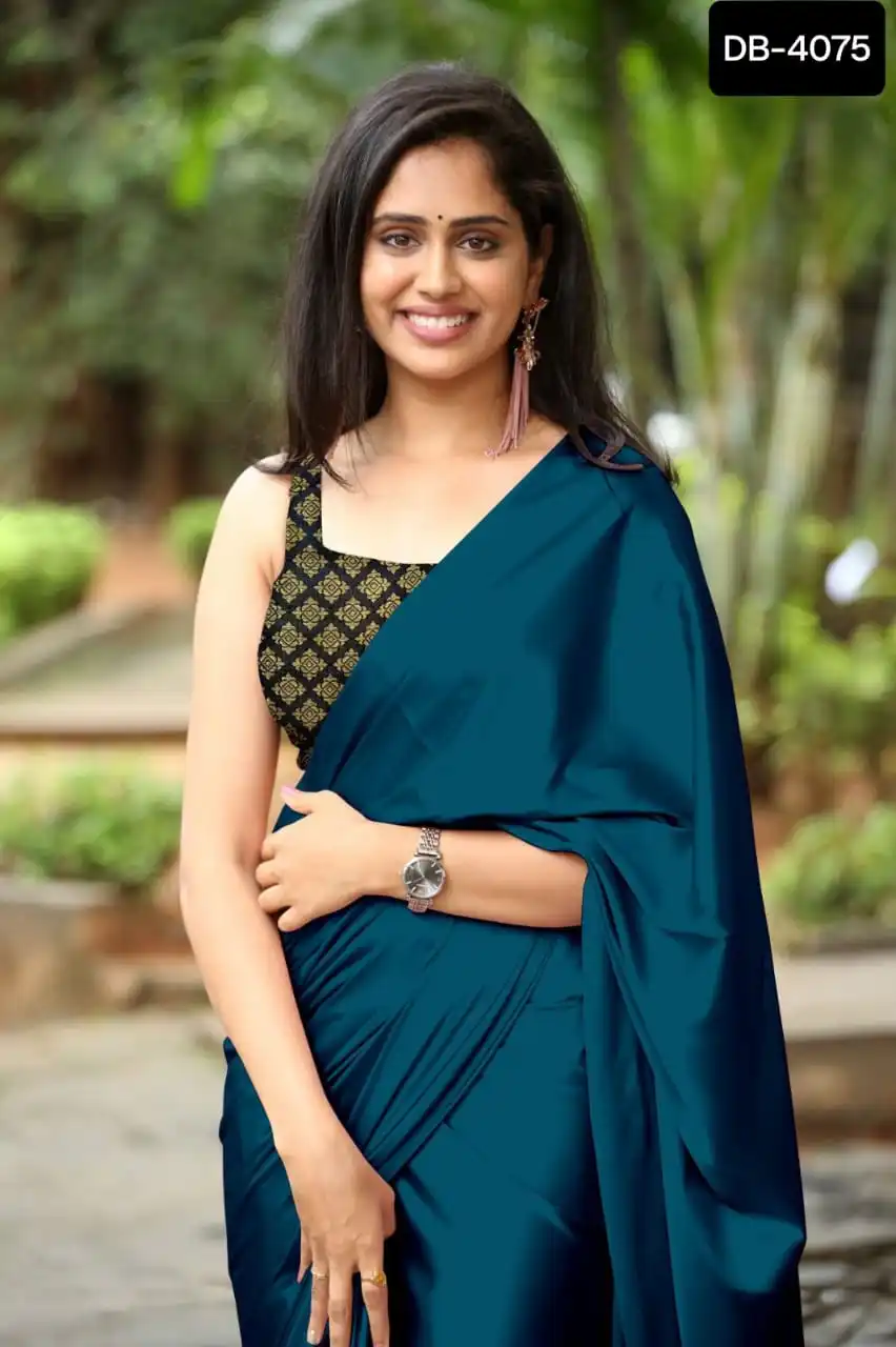 Latest Plain Satin Silk Saree with Jacquard Silk Blouse Pieces Party Wear Fancy Saree Indian and Pakistani Salwar Kameez Suit