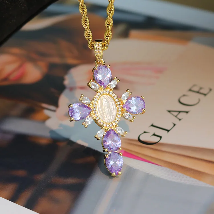 NZ1335 Cubic Zirconia CZ Micro Pave MOP Virgin Mary Cross Necklace