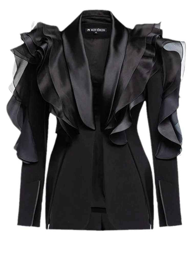 Mesh Ruffles Casual Blazer For Women Lapel Long Sleeve Fashion Loose Fit Jacket Spring Autumn 2025 - Image 2