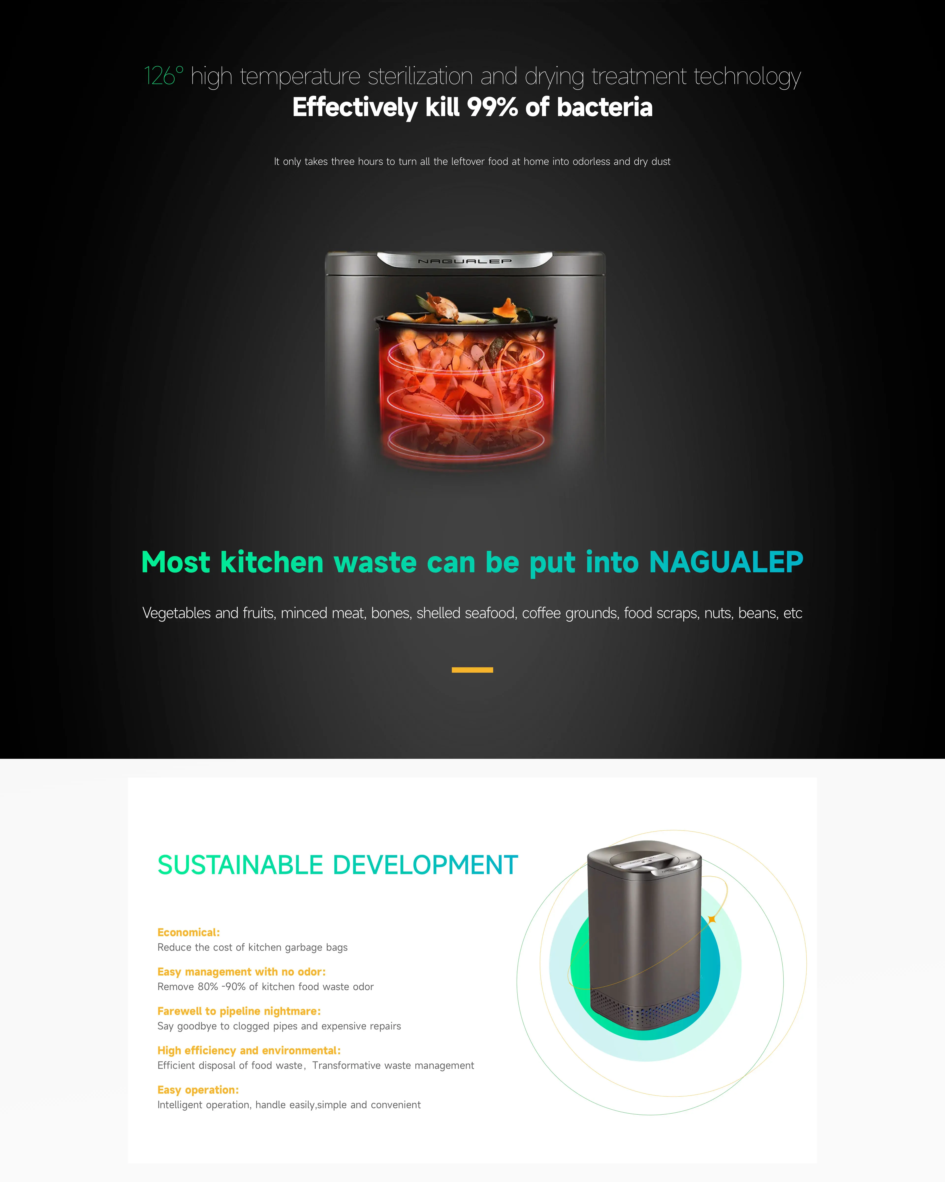 Nagualep Smart Food Waste Disposer Nonsmell Super Quiet Kitchen Food