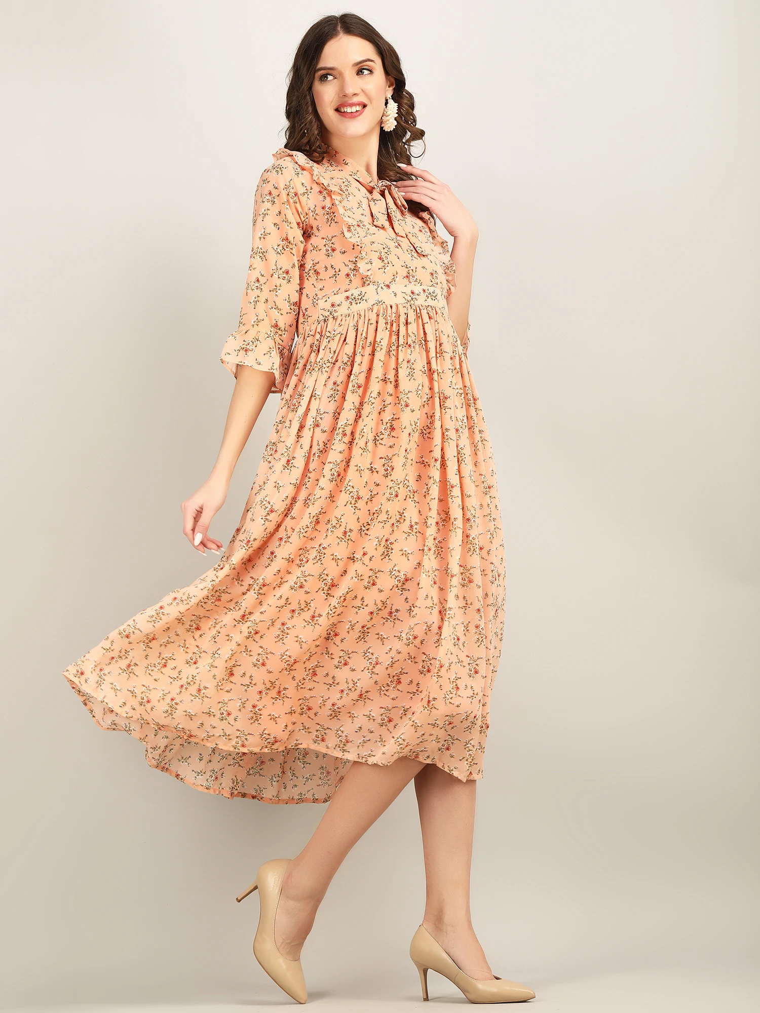 Stunning Peach Fit And Flare Floral Printed Dress For Women