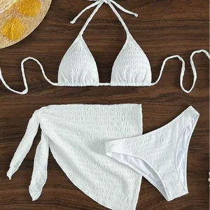 Women's Sexy Halter Bikini Candy Color Solid Black Brazilian 3-Piece Swimwear Beachwear with Lace-Up Thongs Bottom