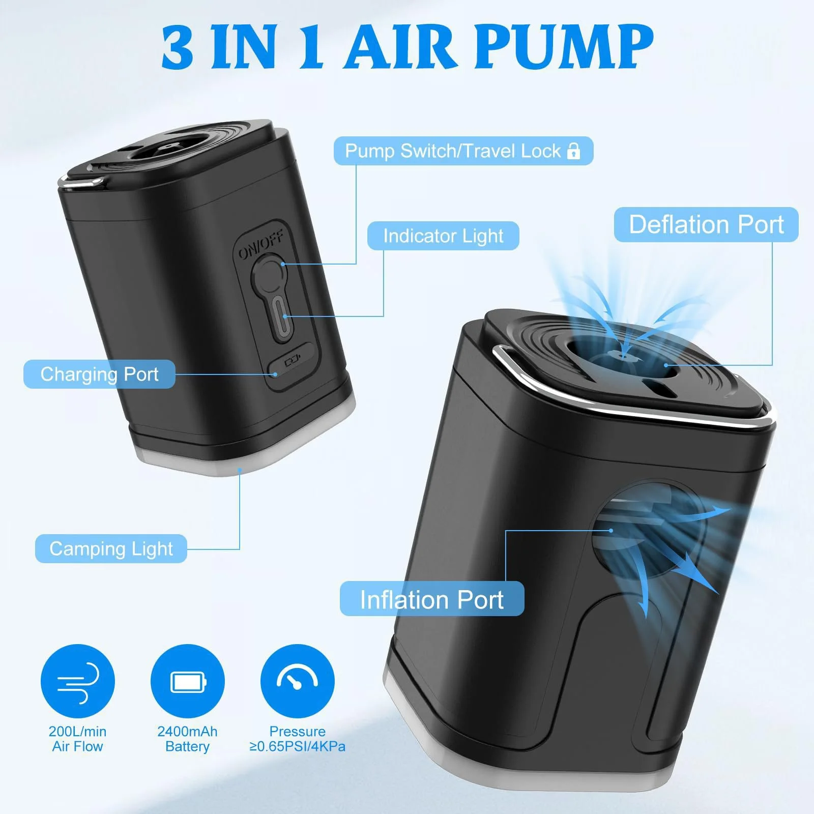 New 3 in 1 Mini air Pump, Household Electric Pump, Small, Fast and Convenient Suction Dual-use Outdoor Camping Light