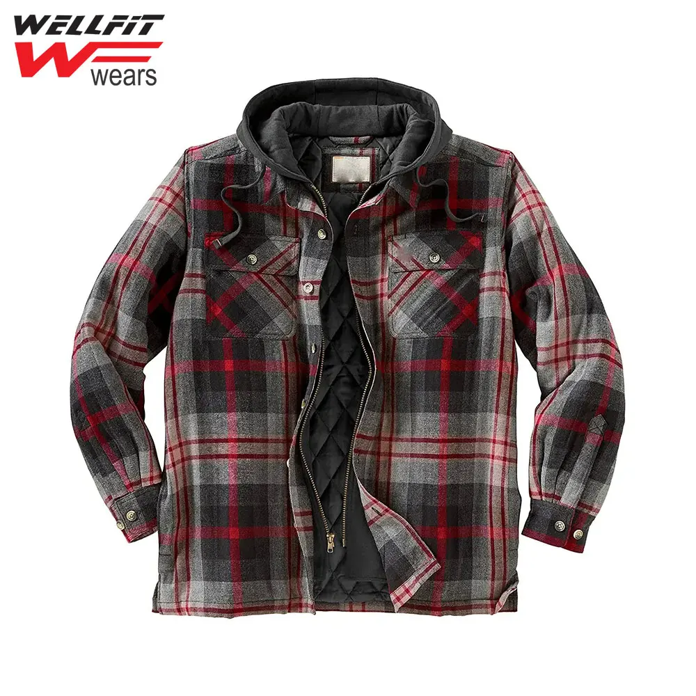 Men's Flannel Shirt Jacket With Removable Hood Plaid Quilted Lined