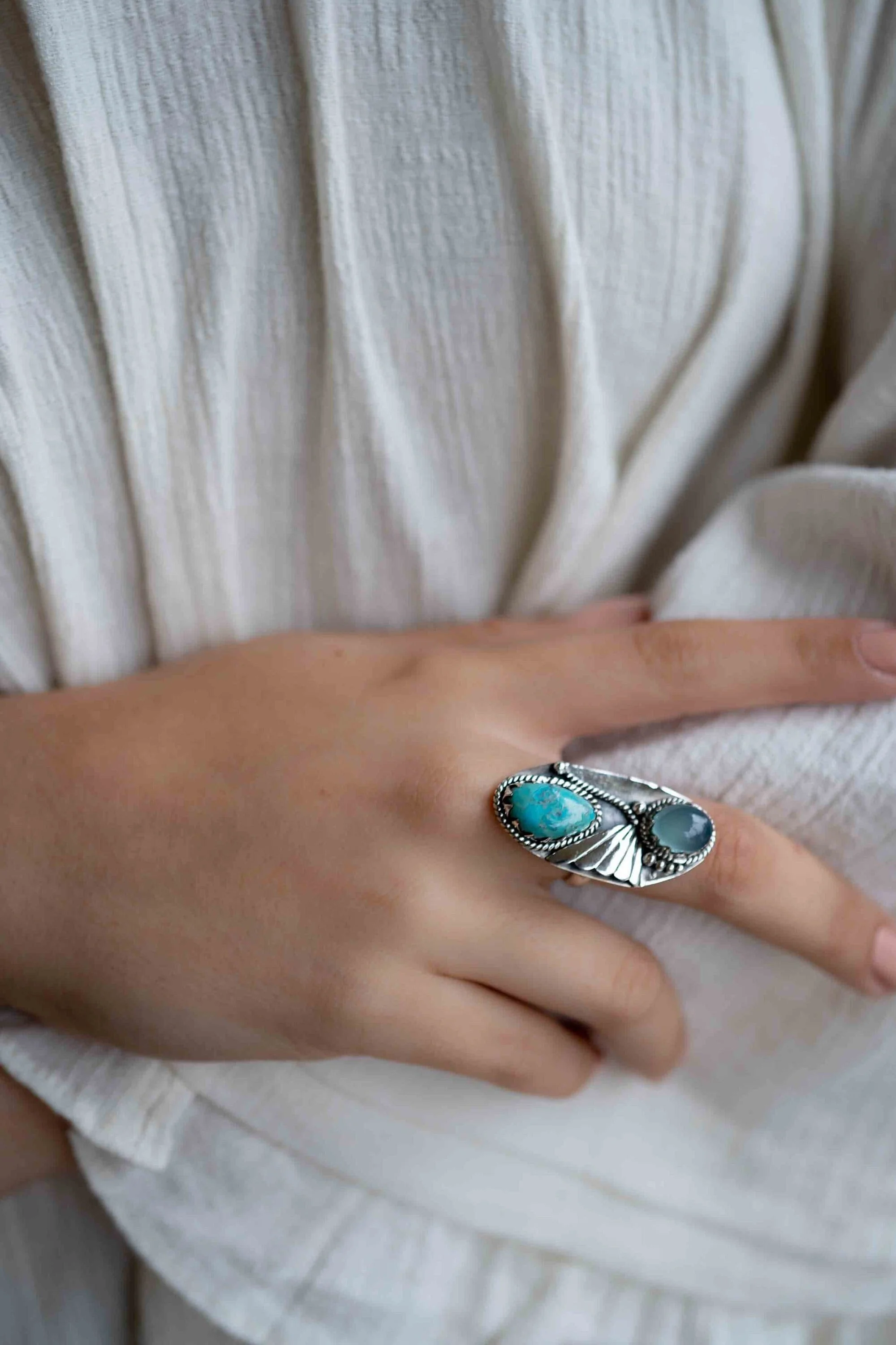 Natural Turquoise and Aqua Chalcedony Semiprecious Gemstone Rings Wholesale 925 Solid Sterling Silver Jewellery Factory India