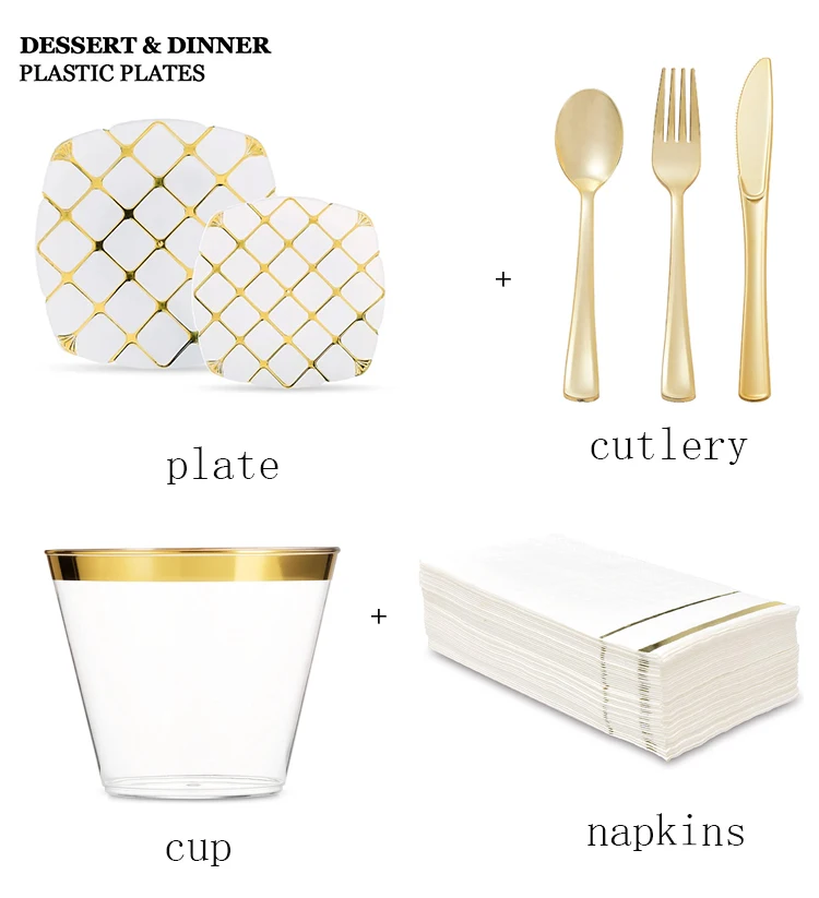 Elegant Wedding Dinnerware Sets Gold Square Plastic Plates With