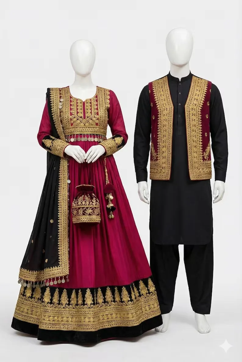 Ultra Long Traditional Afghan White Chiffon Kuchi Dress Featuring Black Velvet Bodice Intricate Gold Zari Hand Embroidery Casual