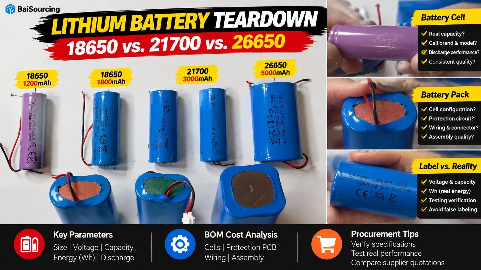 Lithium battery teardown comparison showing 18650 (1200mAh/1800mAh), 21700 (3000mAh), 26650 (5000mAh), and assembled battery packs