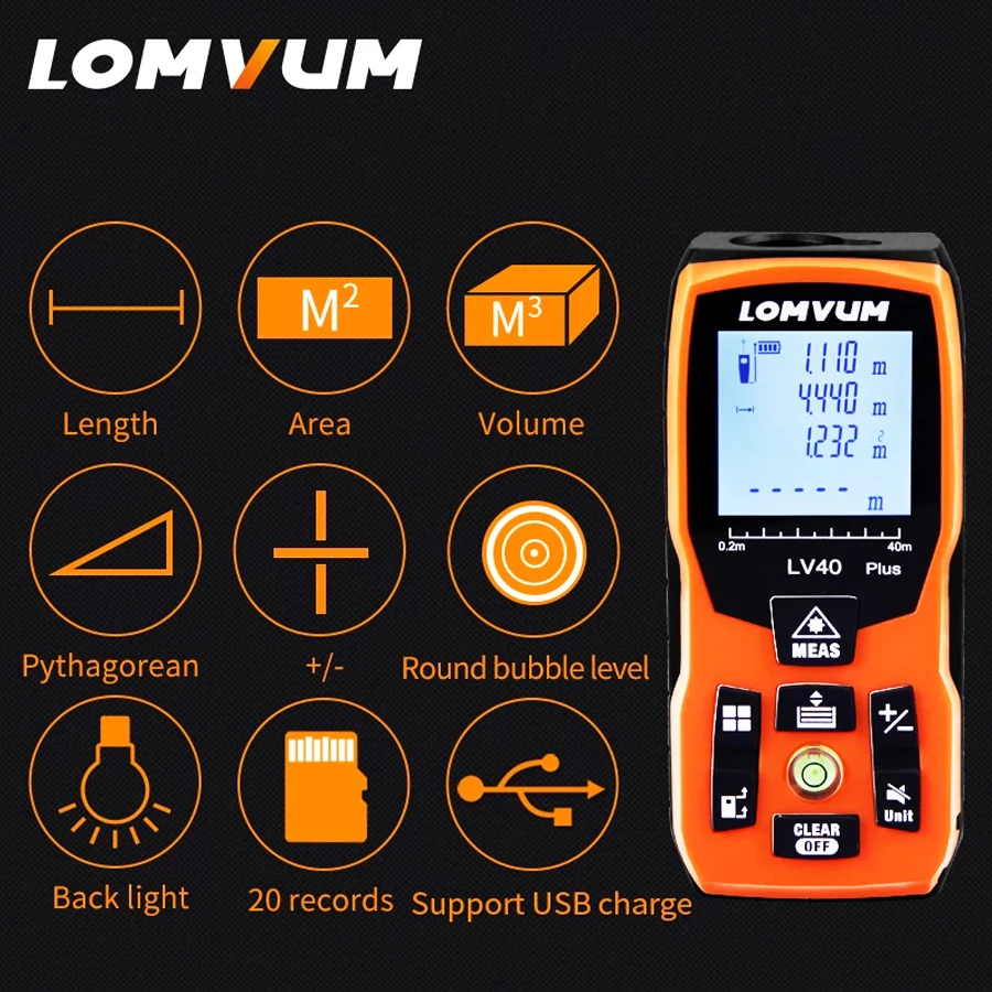 LOMVUM LV Plus NEW USB Bubble Charging Level 100m Rangefinders Digital Laser Distance Meter Tape