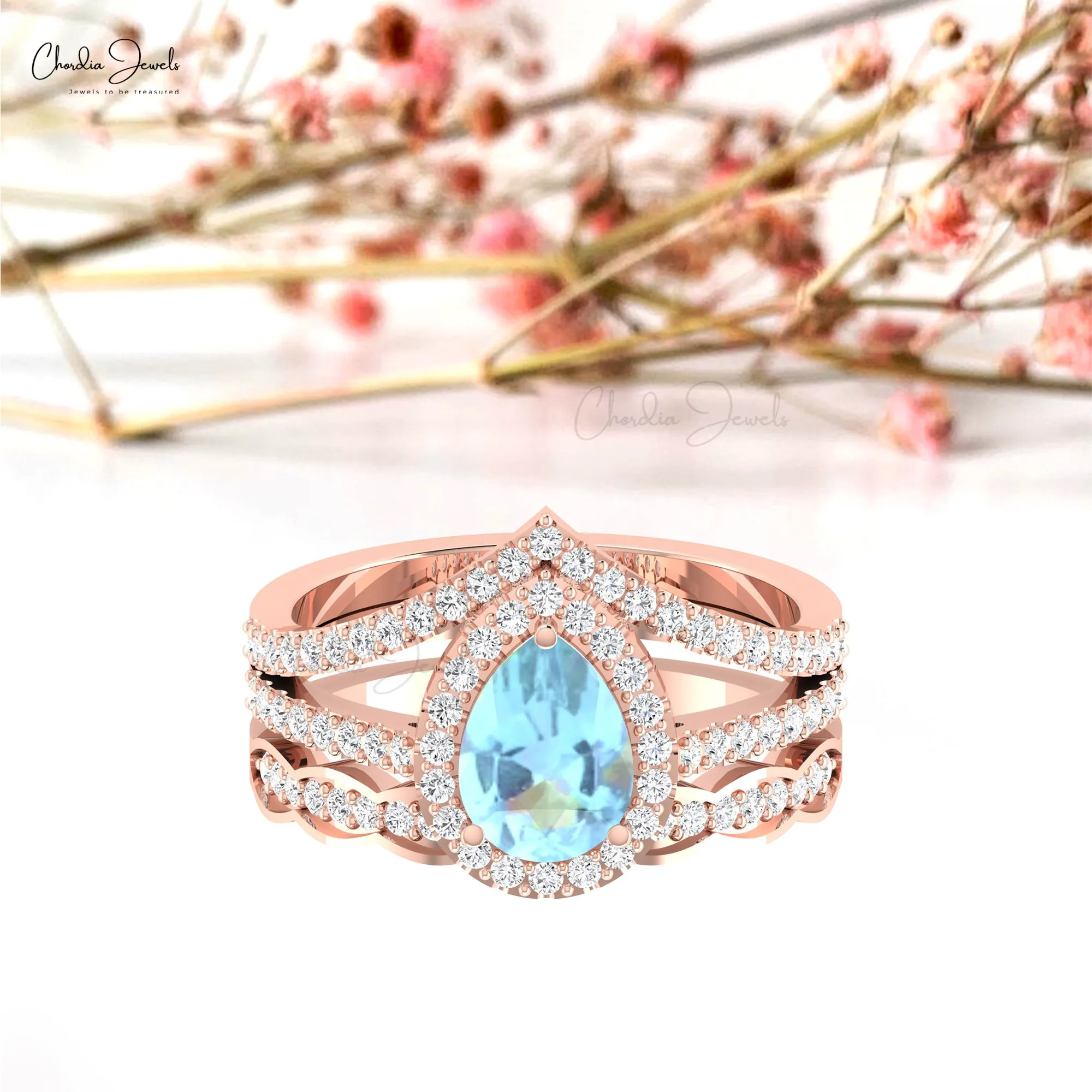 Aquamarine Split Shank Ring 8x6mm Pear Cut Teardrop Halo Ring With Pave
