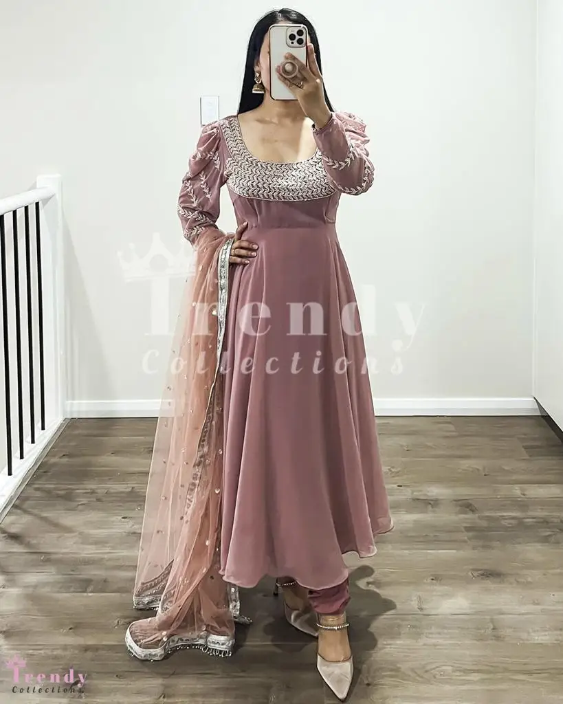 Faux Georgette All Season Designer Heavy Digital Print Faux Georgette Gown With Dupatta Gown With Heavy Digital Print And Dusky Purple Dupatta